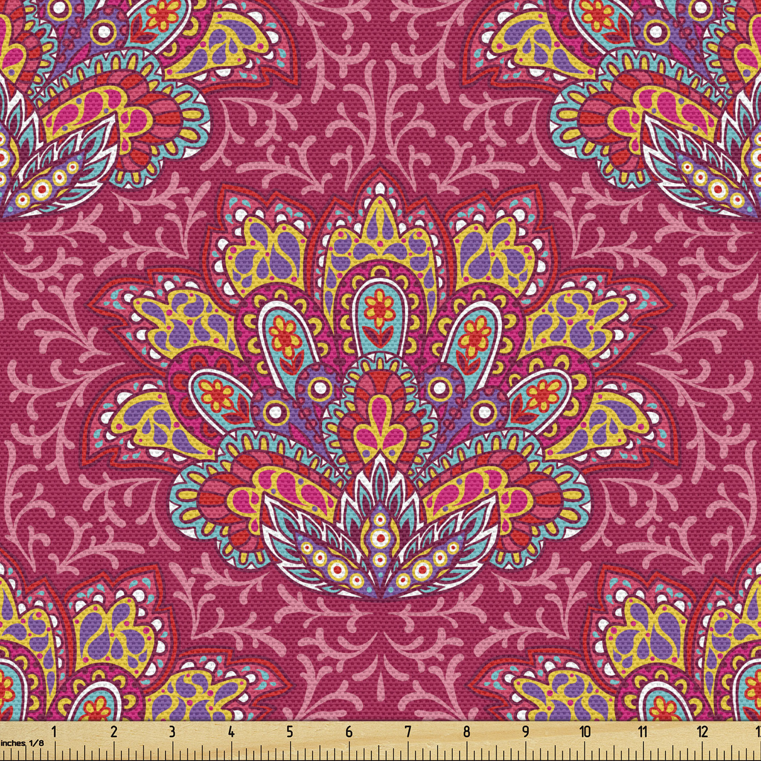 Lotus Fabric by the Yard, Colorful Flower of South with Paisley and