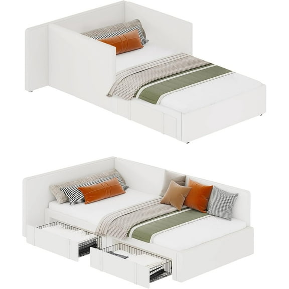 Twin Daybed with 2 Storage Drawers, Corner Bed Frame with Extended Headboard and Bed Rails, Velvet Upholstered Sofa Bed with Guardrail for Bedroom, Guest Room, Adjustable Installation, Beige