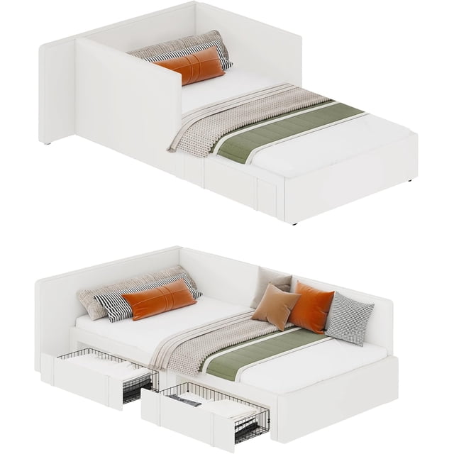 Twin daybed with 2 Storage Drawers, Corner Bed Frame with Extended headboard and Bed Rails, Velvet Upholstered Sofa Bed with Guardrail for Bedroom, Guest Room, Adjustable Installation, Beige