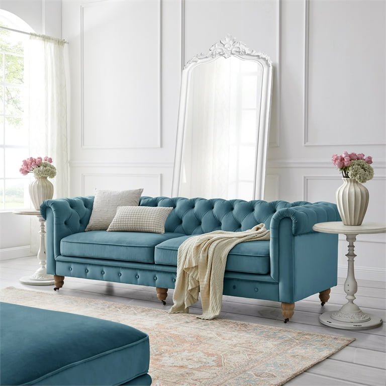 Londynn Sofa Teal Velvet 92L x x Button Tufted Rolled