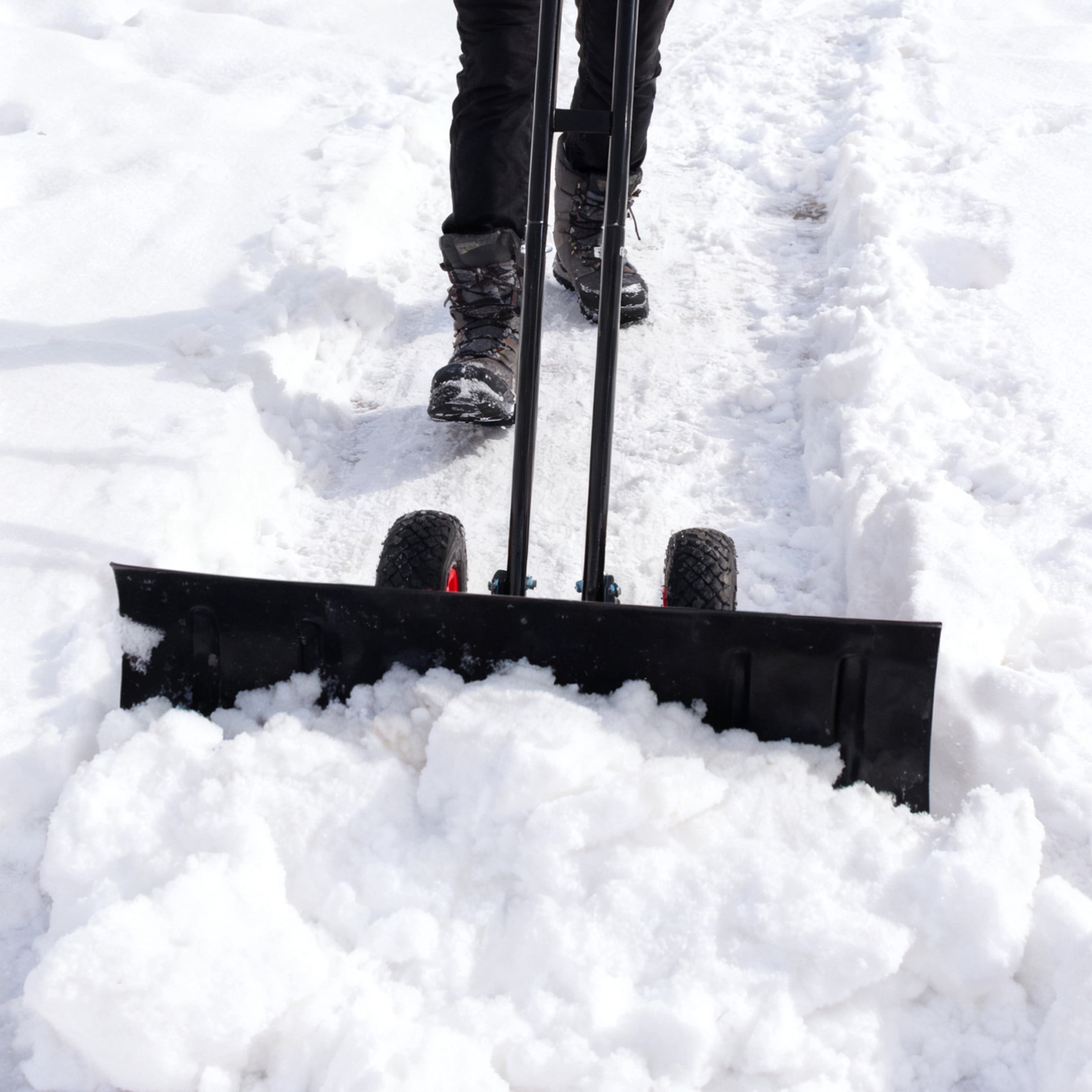 Noble House 30" Metal Snow Shovel Pusher with Double Rod, Rubber Wheels and Adjustable Handle, Heavy Duty, Black