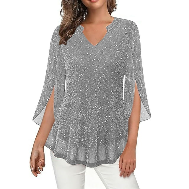 HongQid Womens 3/4 Ruffle Sleeve Sparkly Tops Sequin V Neck Blouses Dressy Casual Spring Summer Fall Shirts