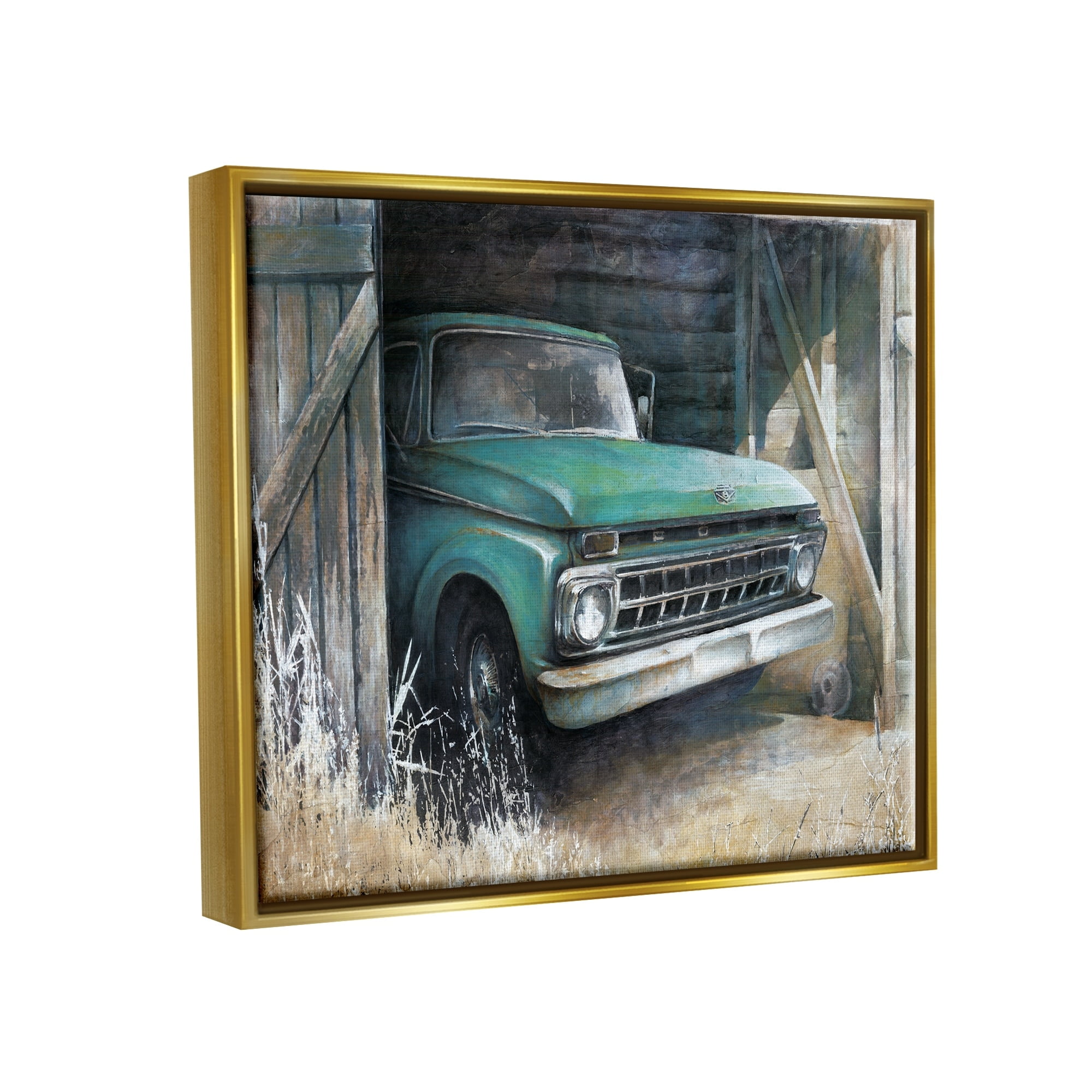 Stupell Industries Weathered Country Barn Vintage Green Pickup Truck Painting Metallic Gold Floating Framed Canvas Print Wall Art, Design by White Ladder