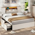 thumbnail image 2 of Full Size Farmhouse Bed Frame with Storage Headboard and Double Barn Door Cabinets, Rustic Wooden Bed Frame with 4 Drawers and LED Lights, No Box Spring Needed, White, 2 of 7