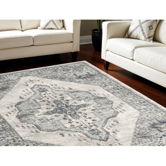 8' X 10' Gray Floral Power Loom Distressed Area Rug