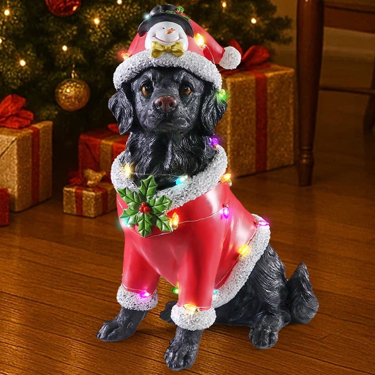 Black Retriever Dog Red Santa Outfit Christmas Statue with Santa Hat Holiday Tabletop Decor