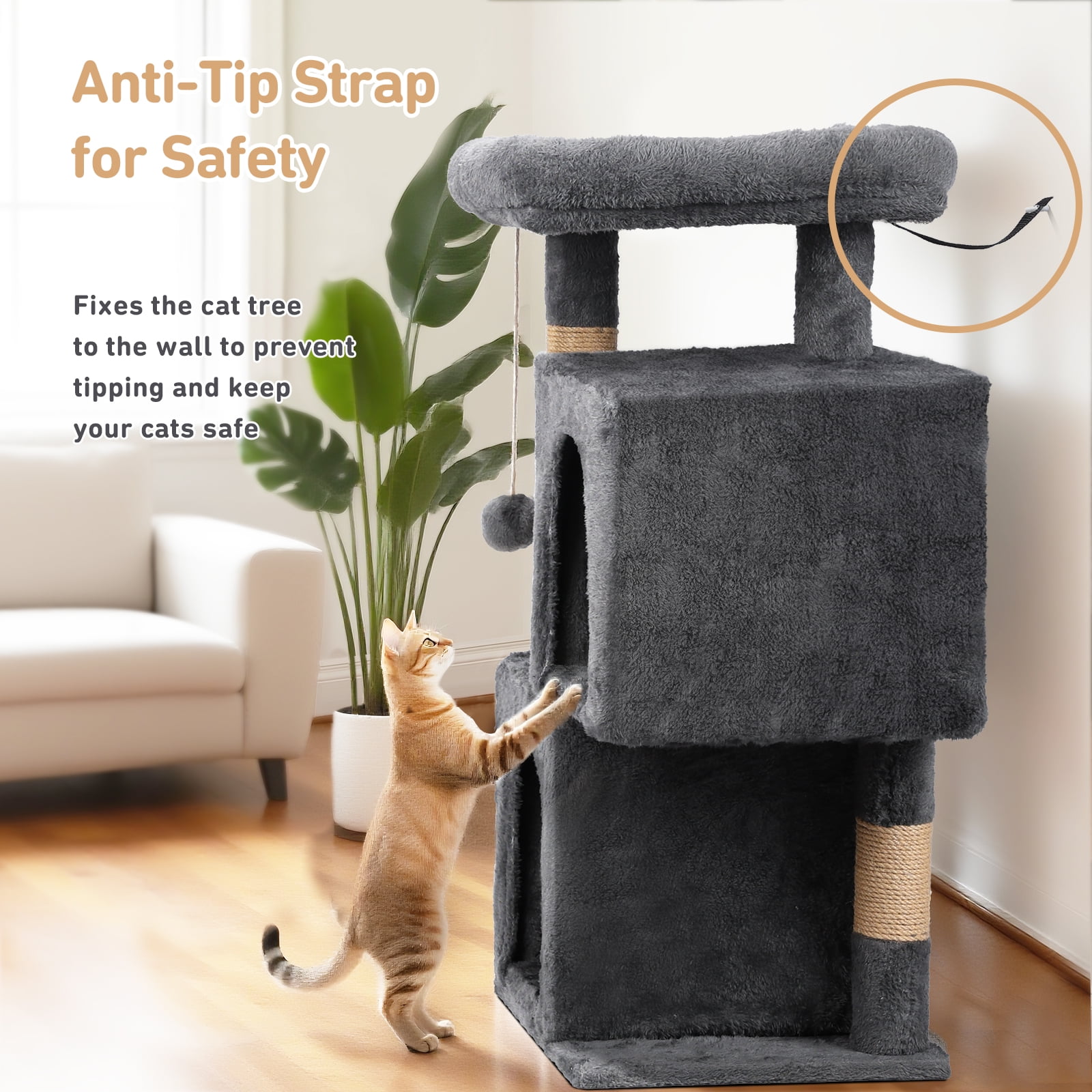 ZephyPaws 32" Cat Tree Tower for Kittens,Multi-Level Cat Scratching Posts with Condos,Padded Perch,Hanging Toys,Dark Grey