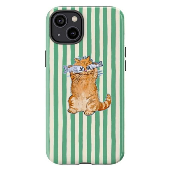 Cute Orange Tabby Cat Phone Case with Fish, Playful Cartoon Design on Green Striped Background, Durable Protective Cover for iPhone 16 15 14 13 12 11 Pro Plus Mini