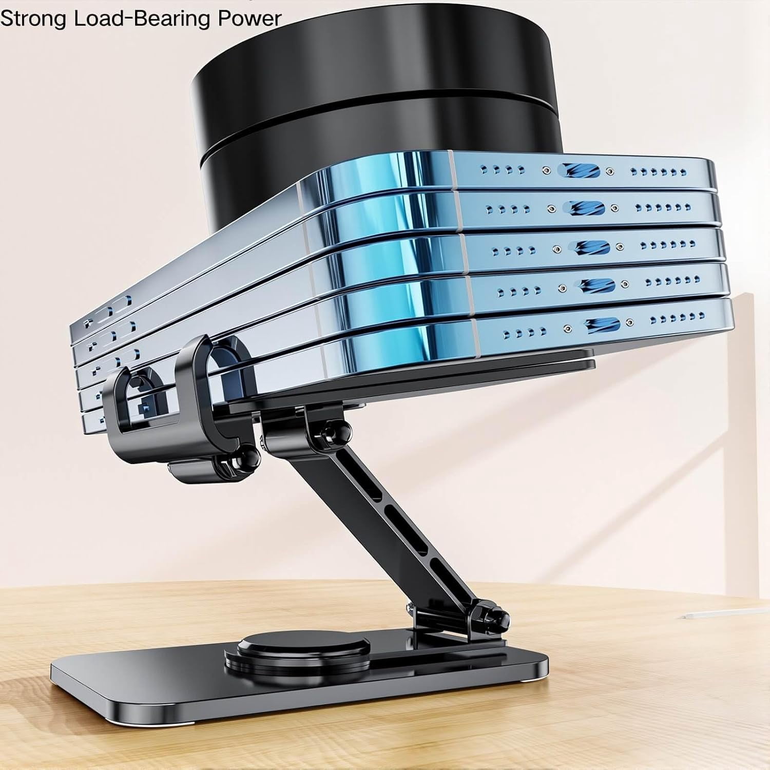 4 Joints 360° Rotating Cell Phone Stand for Desk, Adjustable Folding Stand, Aluminum Alloy Arms & Steel Base, Non-Slip Silicone Pads, Scratch-Free iPhone Android, Black