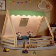 thumbnail image 4 of UHOMEPRO Full Size Floor Bed Frame, Solid Wood Teepee Bed with Tent, LED Light, Guardrails, Montessori and Childlike Design Bed Frame for Girls/Boys, Green, 4 of 8
