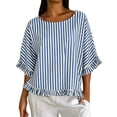 thumbnail image 2 of Qulqfy Crew Neck Women's Blouses Casual Striped Short Sleeve Loose Ruffle Boho Spring Summer Trendy Ladies Tops and Blouses L, 2 of 8