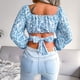thumbnail image 2 of Blusa corta con estampado floral y cuello cuadrado y manga larga con lazo en la espalda para mujer Azul M, 2 of 9