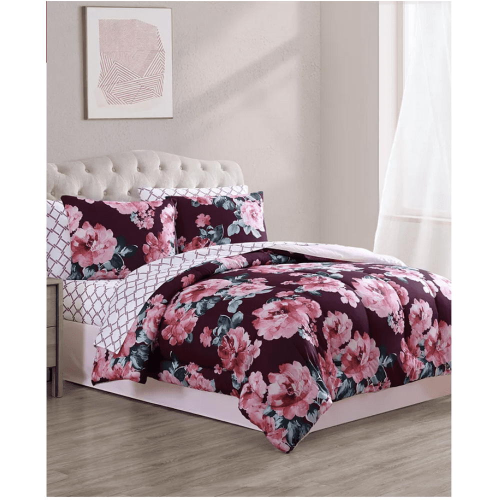 Maroon & Pink Floral Watercolor Flowers Girls QUEEN Comforter Set (8