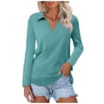 thumbnail image 2 of Yuhangmm Womens T Shirts, Women's Solid Color Long Sleeve Lapel V Neck Solid Color Top T Shirt 2 Long Sleeve Tee Shirt Green XL, 2 of 4