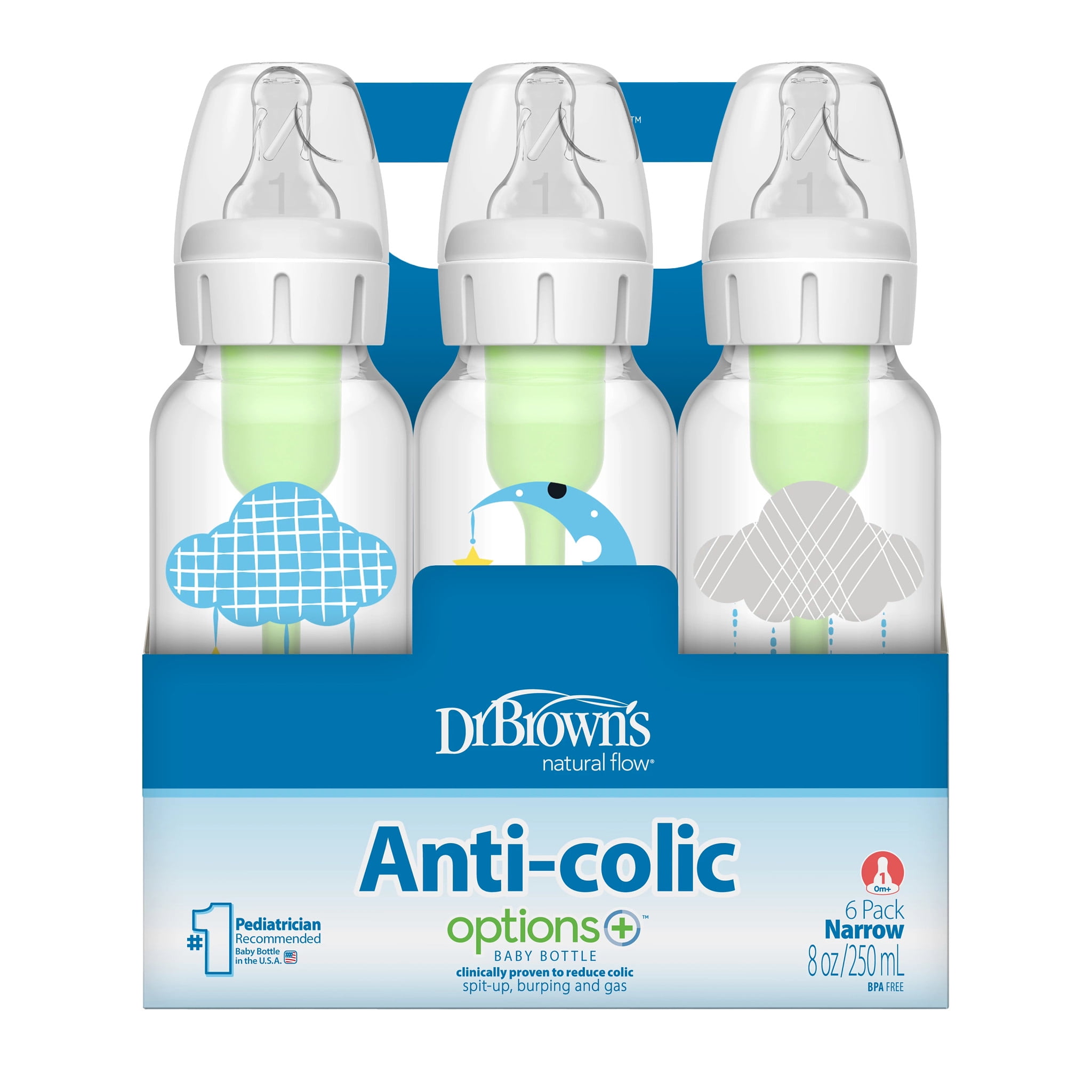 Dr. Brown's Natural Flow Anti-Colic Options+ Narrow Baby Bottle, Cloud Moon, 8oz, 0m+, 6 Pack
