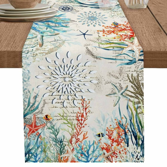 nqOlkjepod Coastal Ocean Table Runner 72 Inches Long Farmhouse Dress Scarves, Vintage Nautical Starfish Coral Seaweeds Dining Tablerunner for Coffee Table/Kitchen Island/Party Décor, 16" x 72"