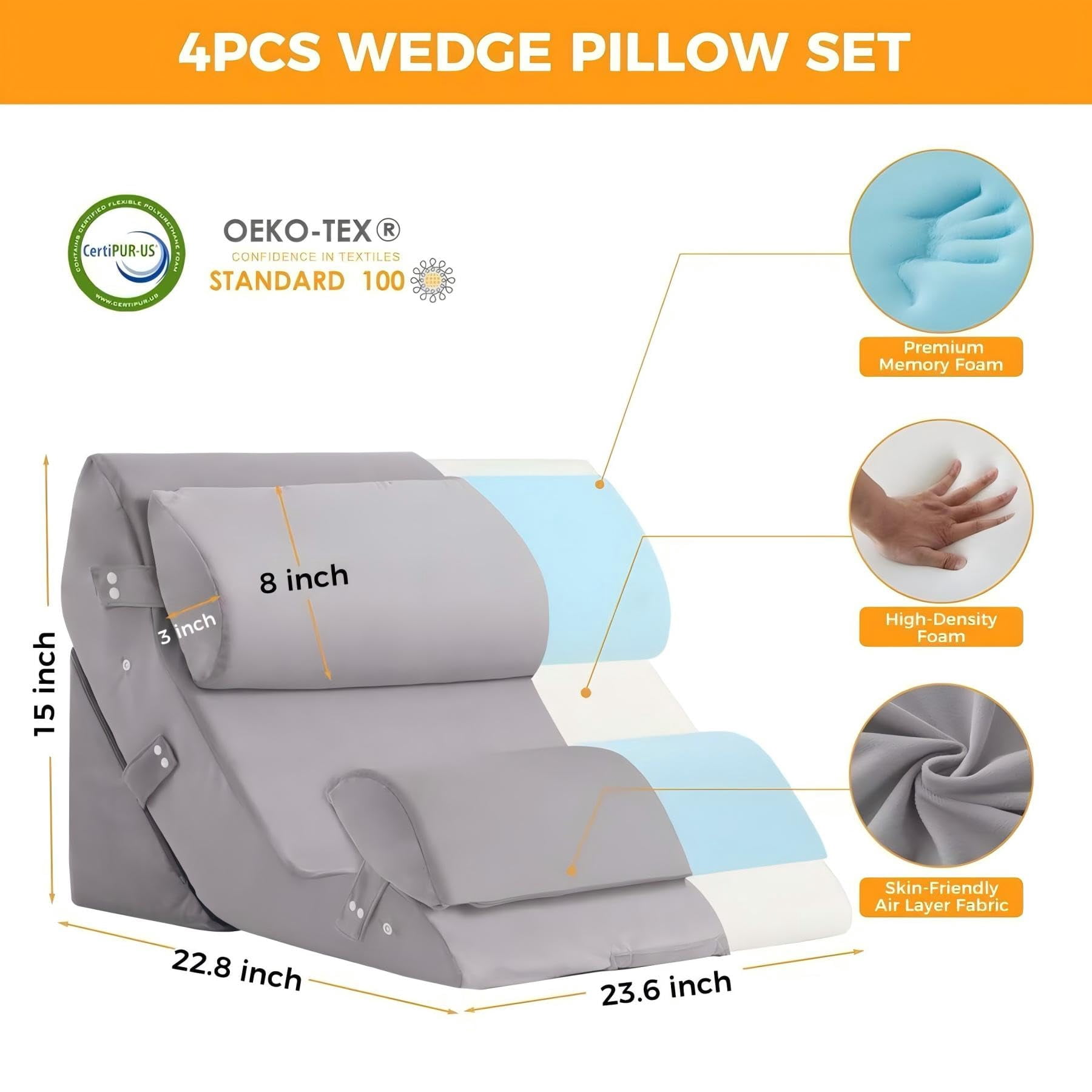 4pcs Wedge Pillow Set For After  Adjustable Bed Sitting Up Acid Reflux Headboard Sleeping&snoring Plush Grey