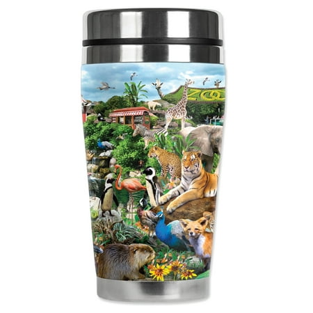 

Mugzie brand 16-Ounce Stainless Steel Travel Mug with Insulated Wetsuit Cover - Zoo Animals