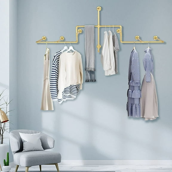 Miumaeov Industrial Vintage Pipe Clothing Rack Multi-function Garment Store Display Rack etal Commercial Clothes Racks for Laundry Room Retail Boutiques Decor Gold