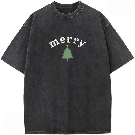 Casual Christmas Tree Holiday Graphic Tee T Shirt Top Short Sleeve Round Neck Black S-2XL Plus Size