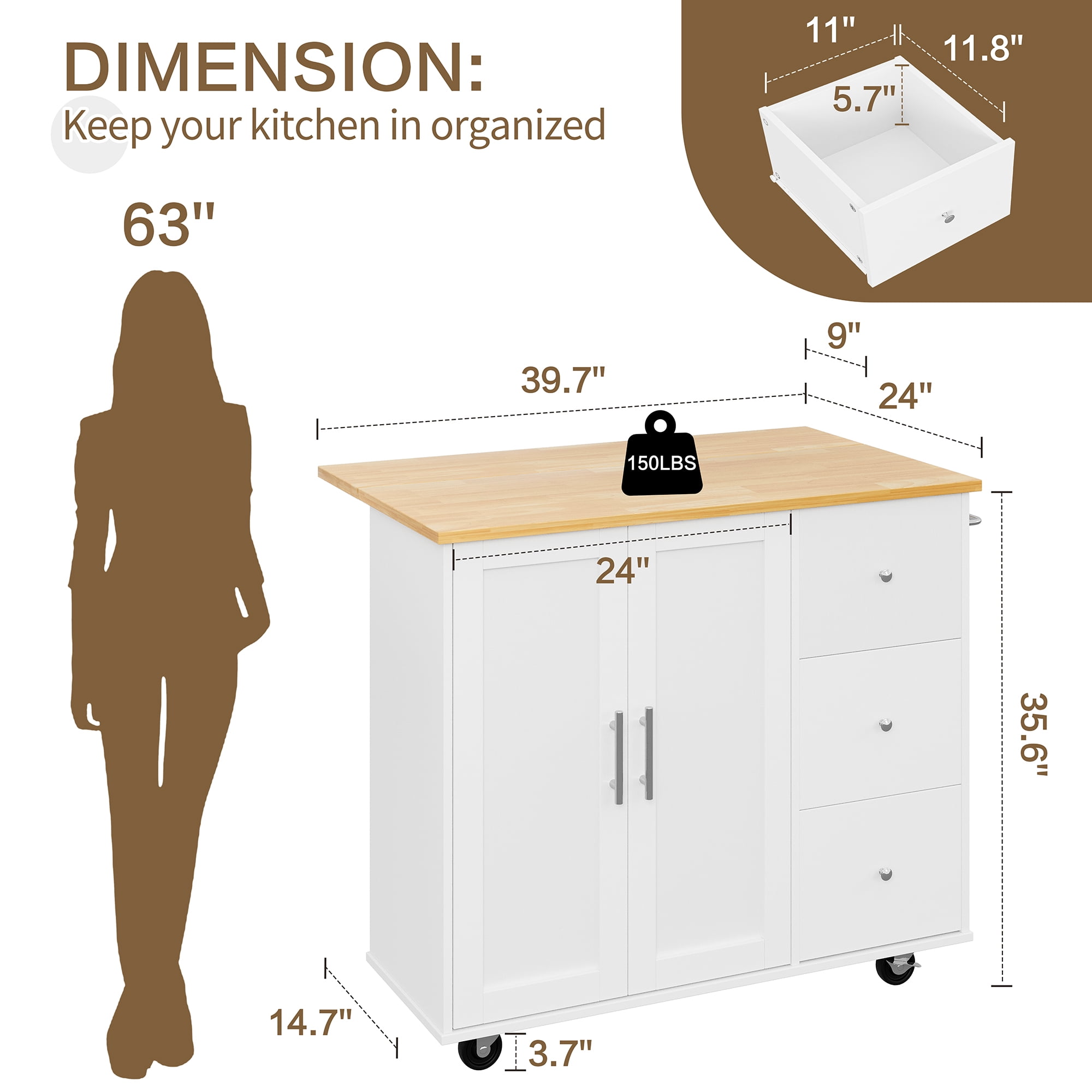 Walsunny 40" Kitchen Islands Carts with Storage Drop Leaf Countertop on Wheels Rolling Microwave Utility Carts with 3 Drawers 1 Storage Cabinets,White