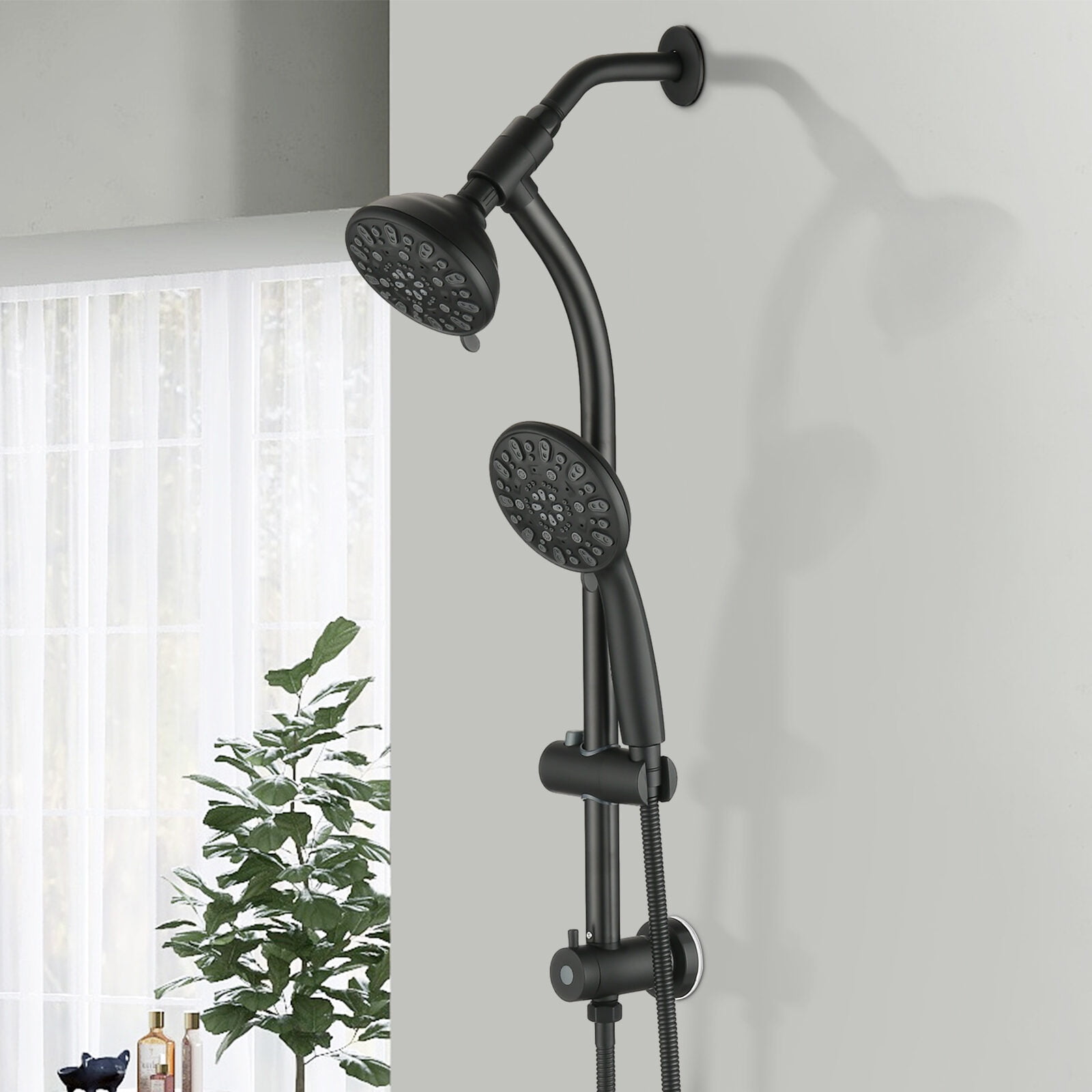 Drill-Free Stainless Steel Slide Bar Combo Rain Showerhead 7-Setting Hand,Dual Shower Head Spa System,Matte Black Abs Bath Faucets Freestanding Tub Faucets