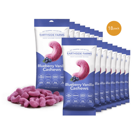 Earthside Farms Blueberry Vanilla Cashews, Healthy Snacks Food, Vegan, Gluten-Free, Low Carb Foods, Low Calorie Snacks, Keto-Friendly - 1 Ounce Pack of 18