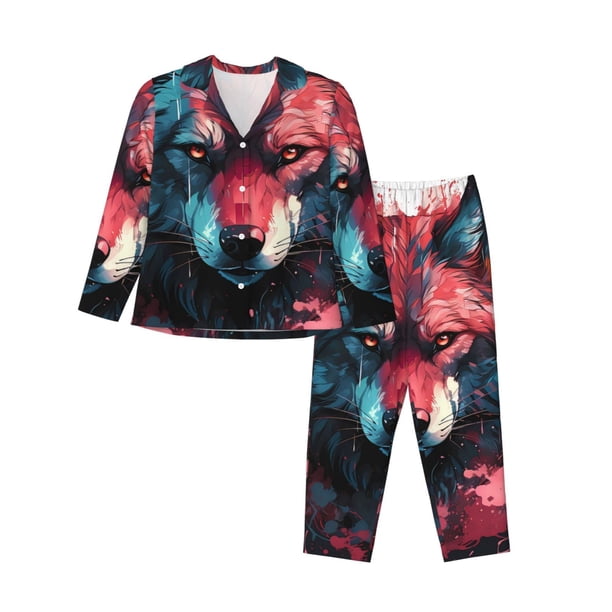 Fotbe Red Flame Wolf Head Conjunto de Pijama de Manga Larga para Mujer con Estampado, Ropa de Dormir de 2 Piezas, Conjunto de Casa Suave y Cómodo con Bolsillos-Small