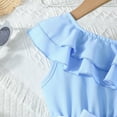 thumbnail image 5 of Ulitacool Girls Dresses Round Neck Sleeveless Dress One Shoulder Formal Ruffle Trim Birthday Party Mesh Dresses With Belted Pockets Sundress Adorable Playsuit Light Blue 5-6 Years, 5 of 8