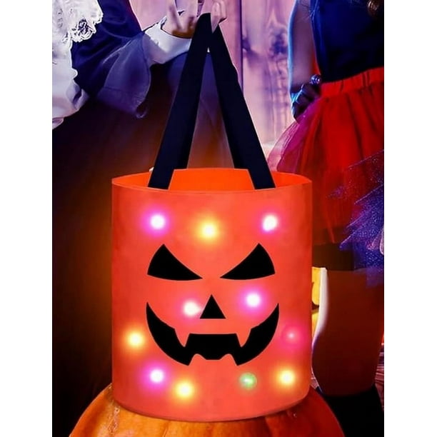 Decoración de Halloween, adornos de Halloween, decoración del hogar, bolsa de dulces de Halloween con calabaza, accesorios iluminados con LED para decorar bolsas de dulces de Halloween para niños, con