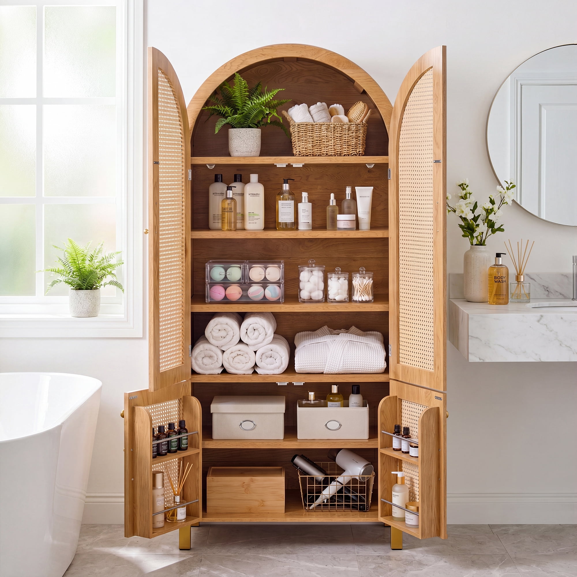 Howcool 71" Tall Arched Kitchen Pantry with Rattan Doors & Adjustable Shelves,Farmhouse Buffet Storage Cabinet with Built-in Racks for Kitchen,Dining Room,Oak