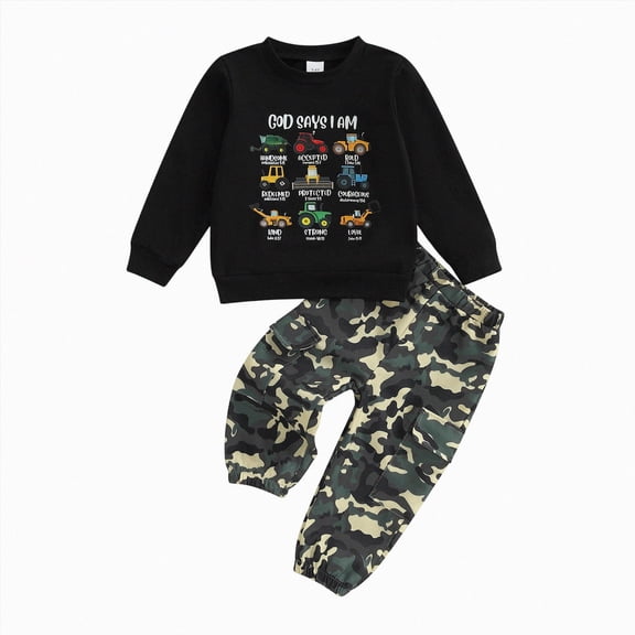 larppty Toddler Baby Boy Clothes Letter Print Tops Camouflage Pants Outfits | Kids,Fall Winter,Long Sleeve (Black,12-18 Months)