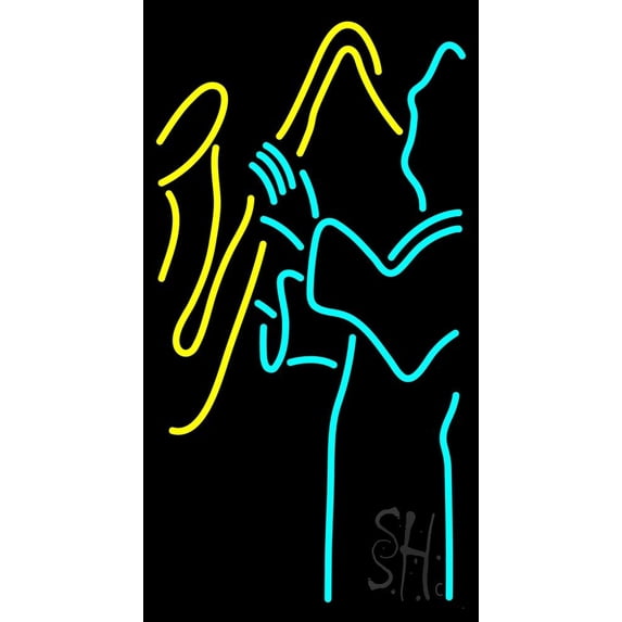 Blue Man Yellow Saxophone LED Neon Sign 24" Tall x 13" Wide - inches Black Square Cut Acrylic Backing, with Dimmer - Premium built indoor Sign for Studio, Club, Décor, Event, Storefront.