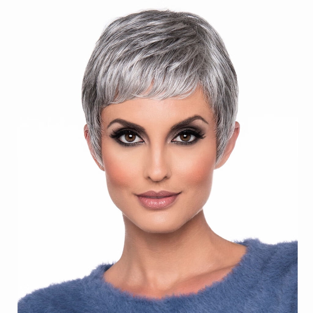 DOPI High Quality Grayish white Short Curly Wigs Real Human Hair Sexy Women Wigs