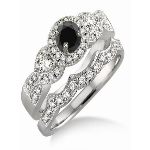 1.5 Carat Black Diamond Halo Bridal Set on 10k White Gold