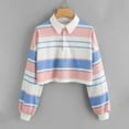 thumbnail image 2 of Striped Crop Tops Women Teens Colorful Button Collar Long Sleeve Loose Pullover Sweatshirt Tee Shirt Sports Casual (X-Large, Light Blue), 2 of 6