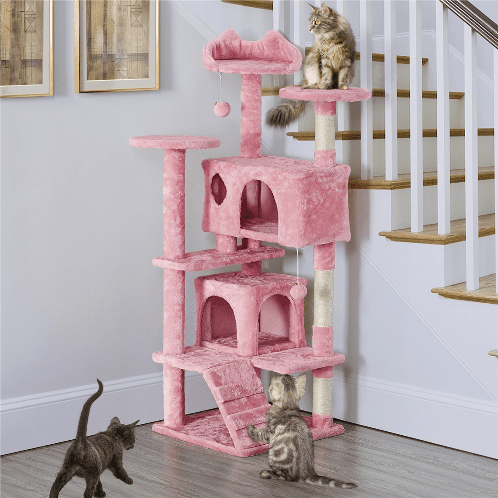 Alden Design 54.5" H Double Condo Cat Tree with Scratching Post Tower, Pink