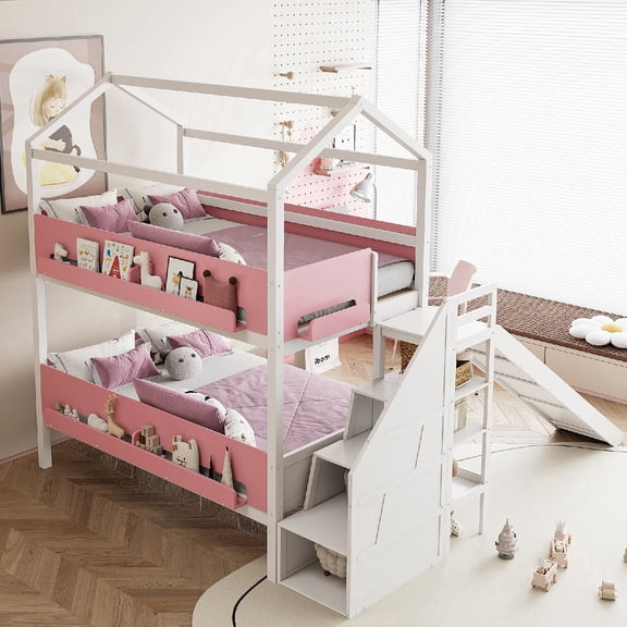 Twin Over TwinHouse Bunk Bed with Slide, Girls Wooden Loft Bed with Safety Guardrails and Playhouse Design, Kids Bunk Bed Frame for, Princess Style Children's Bed, Mattress Not Included, Pink White