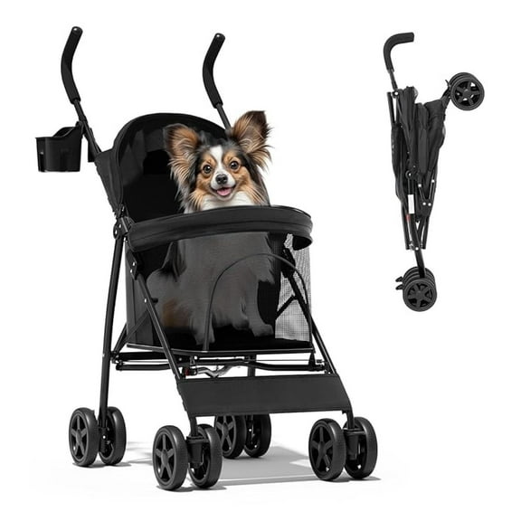 WDZS Compact Pet Stroller for Small-Medium Dogs/Cats up to 22lbs, 4-Wheel Lightweight Umbrella Shaped Portable Puppy Travel Jogger with Breathable Mesh, Cup Holder & Rear Storage, Black