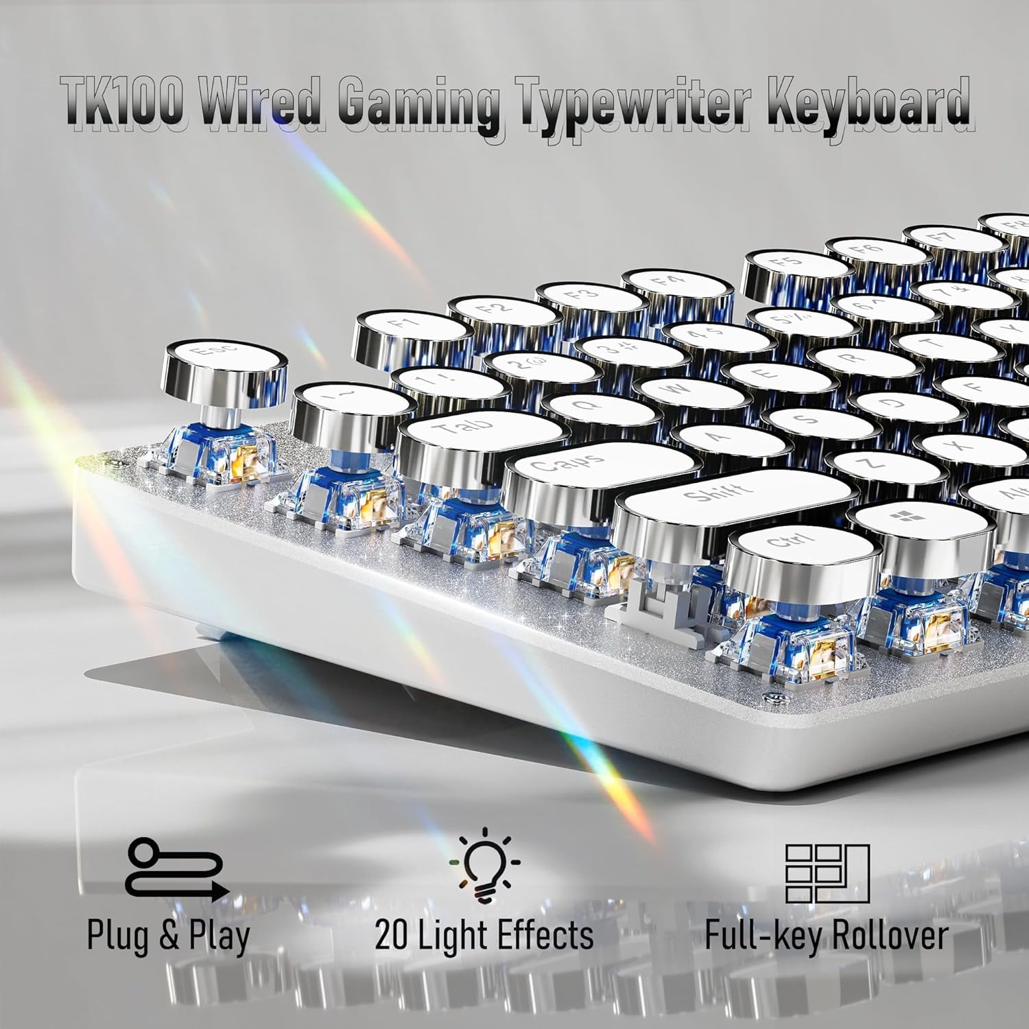 Typewriter Style Wired Mechanical Keyboard, 104 Keys Aesthetic Typewriter Keyboard with White Backlit, Anti-Ghosting, Blue Switch Wired Cute Keyboards