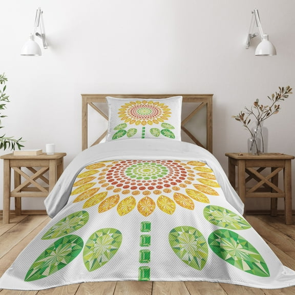 Ambesonne White Quilted Coverlet 2 Pcs, Sunflower Mandala Design, Twin Size, Yellow White and Green