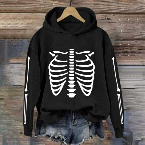 Huaizzzy Women's Skeleton Print Hoodie Long Sleeve Loose Fit Pullover Sweatshirt for Halloween Party Streetwear Casual Outfit Fall Winter Fashion Women Zip up Sweatshirts Zipper Sweater Dress Women