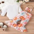 thumbnail image 4 of Toddler Baby Girl Fall Clothes Solid Ribbed Long Sleeve Romper Flower Pattern Flare Pants Bow Headband Outfit, 4 of 8