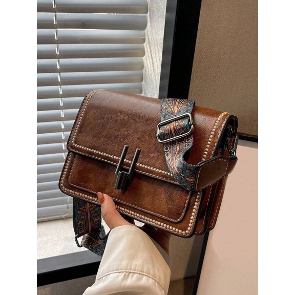 LEATVOOK Women's Faux Leather Crossbody Bag, Small Brown Shoulder Purse with Wide Boho Strap and Flap Closure, 1 Count