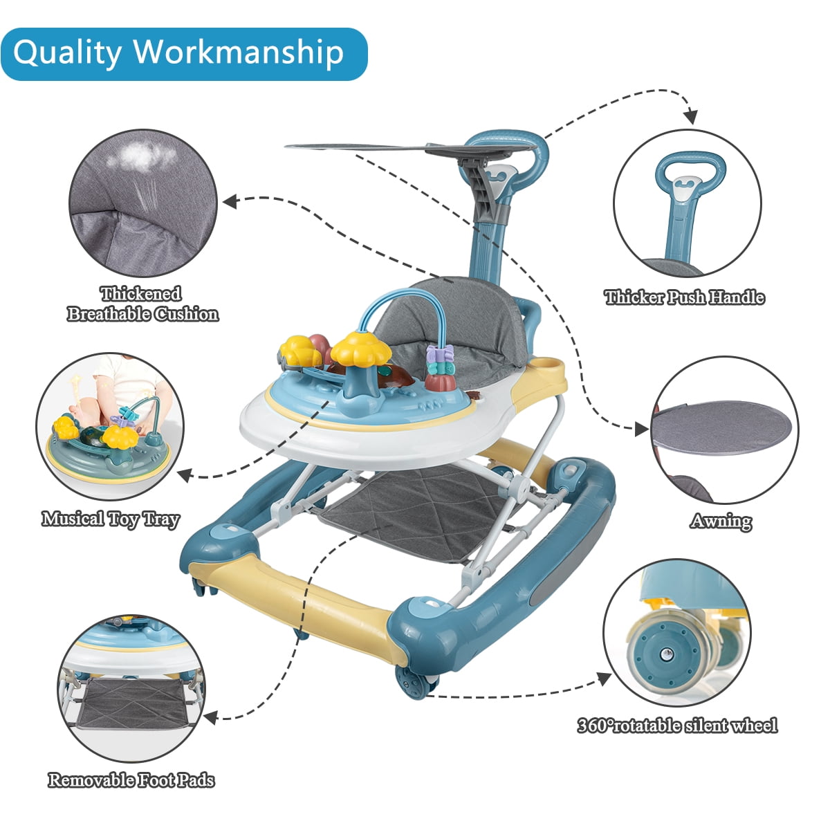 SIMANLI Baby Walker, 4 in 1 Foldable Walkers with Wheels & Removable Feeding Tray & Music Tray, Activity Push Walker for Baby Boys / Girls, Blue