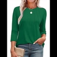 thumbnail image 1 of Blusas de Mujer con Mangas 3/4, Cuello Redondo, Túnicas Casuales, Camisas Plisadas Básicas, Corte Holgado, 2025 Verde Oscuro L, 1 of 5