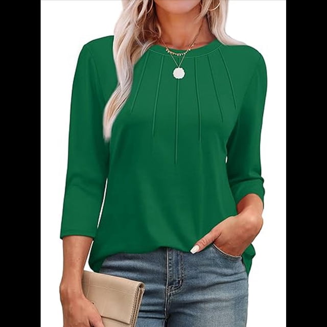 Blusas de Mujer con Mangas 3/4, Cuello Redondo, Túnicas Casuales, Camisas Plisadas Básicas, Corte Holgado, 2025 Verde Oscuro L