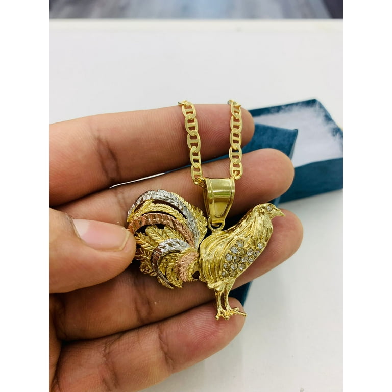 Cadena Y Medalla de Oro Para Hombre de Gallo 3 Oros 33x45 18K Gold Filled Chicken Rooster Pendant Necklace for Mens Womens Mariner Chain 24 inch