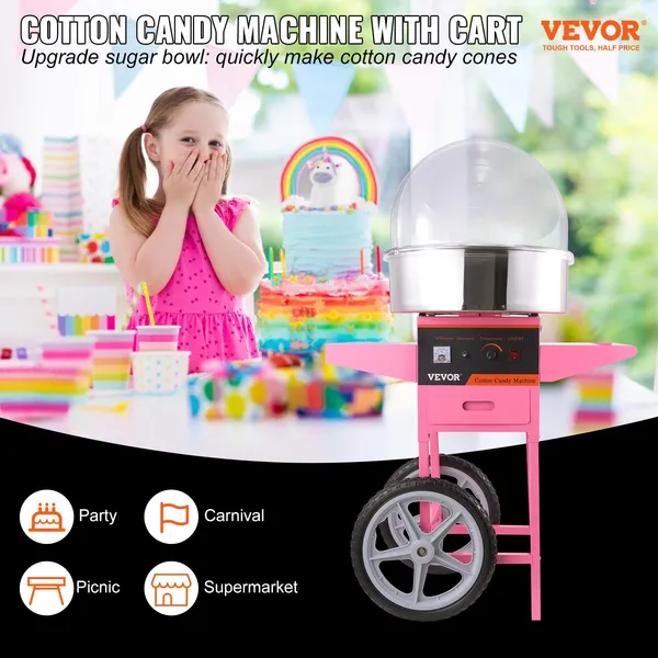 Pink 1000W Commercial Cotton Candy Machine Cart with Bubble Cover Stainless Steel Bowl Sugar Scoop and Drawer for Home Kids Birthday Family Party