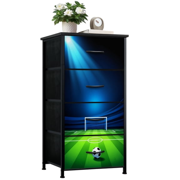 Dresser for Bedroom with 4 Storage Drawers Soccer Field Ball under Spotlight Goalpost Dressers Chest of Drawers Steel Framed Fabric Closet Organizers for Boy Room Dorm Entryway